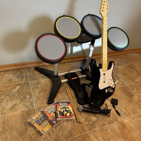 Playstation PS3 PS4 PS2 Rock Band Bundle Guitar Hero Drums Guitar Dongle Mic - Picture 2 of 16